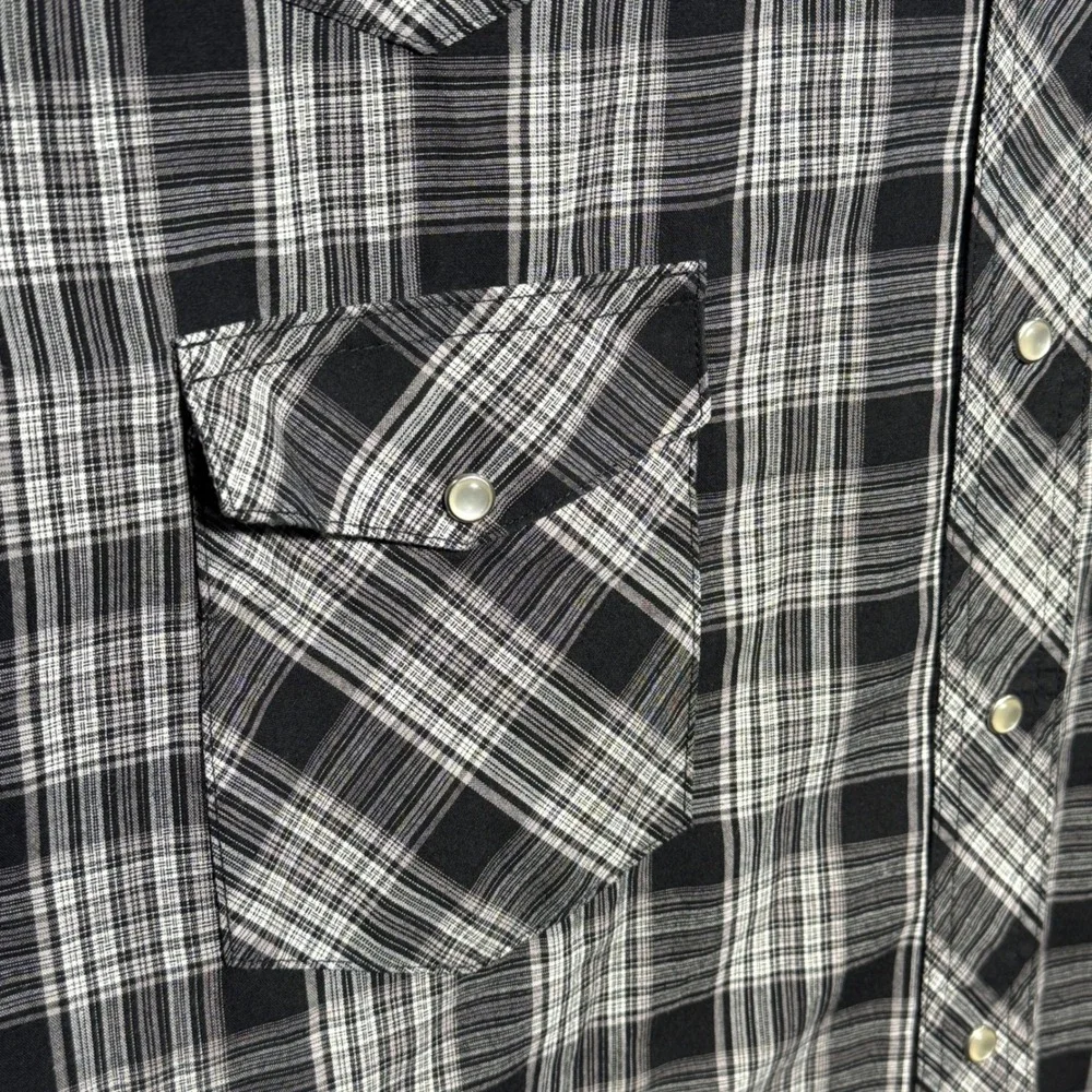 Wrangler Western Shirt Mens 2XL Black White Plaid Pearl Snap Short Sleeve - Picture 4 of 6